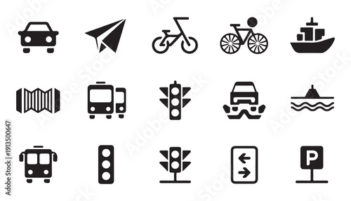 Various transportation and traffic icons on white background vector silhouette