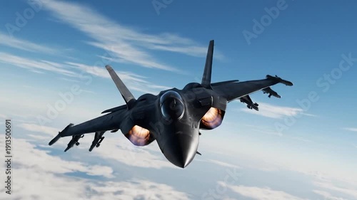 A powerful military fighter jet soars through the sky above clouds with glowing