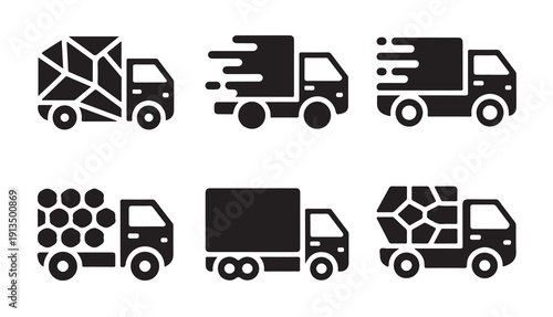 Delivery truck icon set with various cargo types for logistics and transportation services