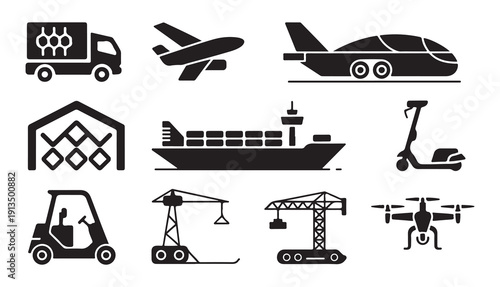 Supply chain management and industrial transportation equipment vector silhouette collection