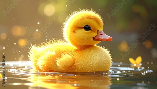 A fluffy, yellow duckling floats gently in sunlit water
