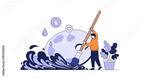 Cleaning a Purple Globe with Water, Plant, and Mop in a Clean White Background