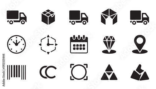 Delivery and cargo logistics icons set. transport, time, calendar, location, and barcode symbols