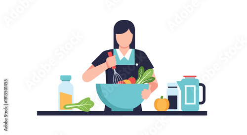 Woman in Kitchen Cooking Fresh Salad with Vegetables, Apron, Spatula and Bowl, Ready for Healthy Meal