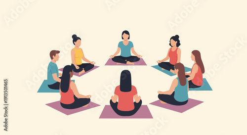 Eight Practitioners Gather for a Calming Group Yoga Circle on Colorful Mats in a Soft Yellow Room
