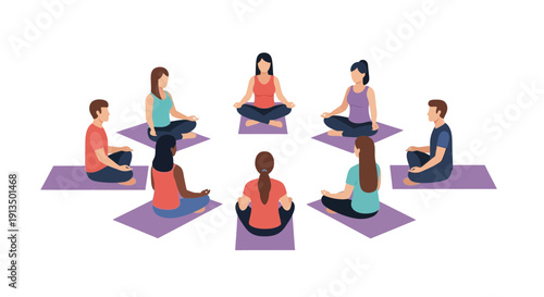 Seven individuals in circular yoga meditation pose on purple mats in a white studio – group session view