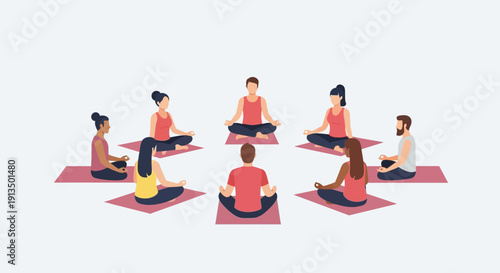 Seated Yoga Circle of Calm People in White Background – Simple Illustration