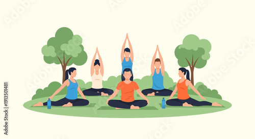 Four People Practicing Yoga in a Serene Park Landscape – Calm Green Setting