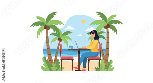 Woman Seated in Chair on Table with Palm Trees, Ocean View, Flat Cartoon Illustration