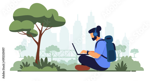 Focused Man Works on Laptop in Urban Park Amidst Tree and City Skyline – Illustrative Illustration