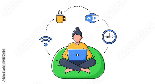 Sitting Relaxed on Beanbag, Person Uses Laptop Amid WiFi, Coffee, Clock, and Icons in Quiet Home Office View