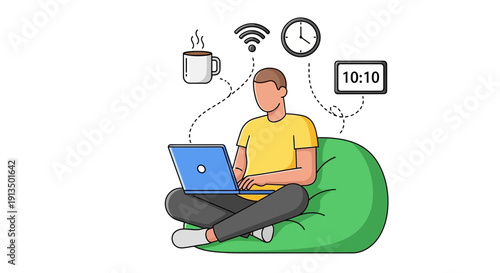 Man on Beanbag Laptop Session with Coffee, Clock, Wi‑Fi and Thought Lines