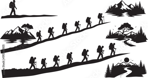 Hiking group trekking through various scenic mountain landscapes together