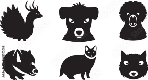 Black silhouettes of various cute animal faces and profiles
