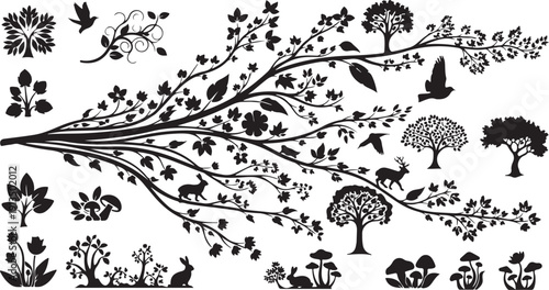 Black and white illustration of tree with various silhouettes