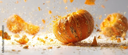 Exploding Pumpkin in Midair with Vivid Fragmented Details