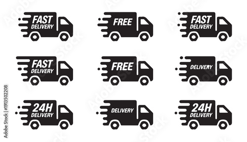 Fast delivery truck icons set for express shipping service and free transport badge design