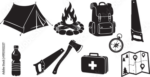 Camping and hiking equipment icons for outdoor adventure travel