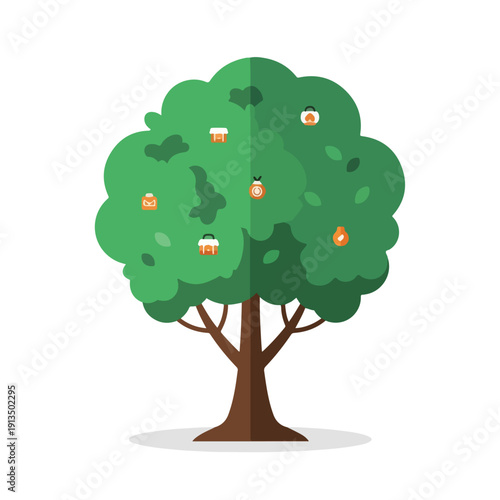 A cartoon tree with green leaves and objects on it; white backdrop