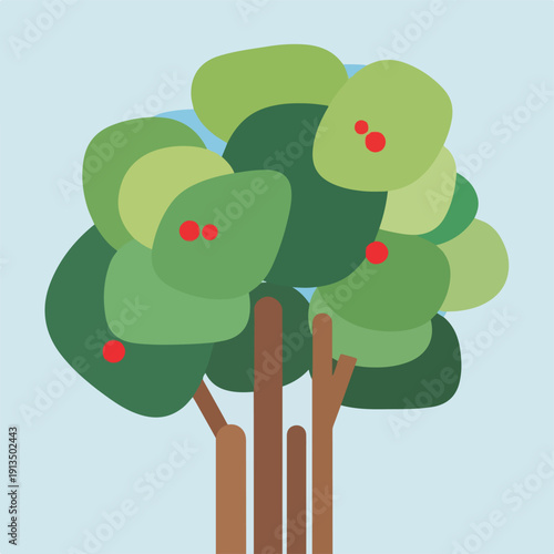 A cartoon tree with green leaves and red berries