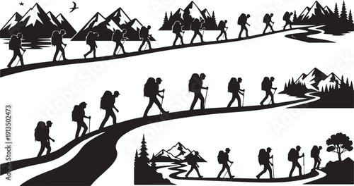 Hikers Silhouettes Walking on Mountain Trails with Backpacks