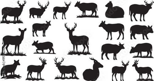 Collection of various deer and animal silhouettes in black