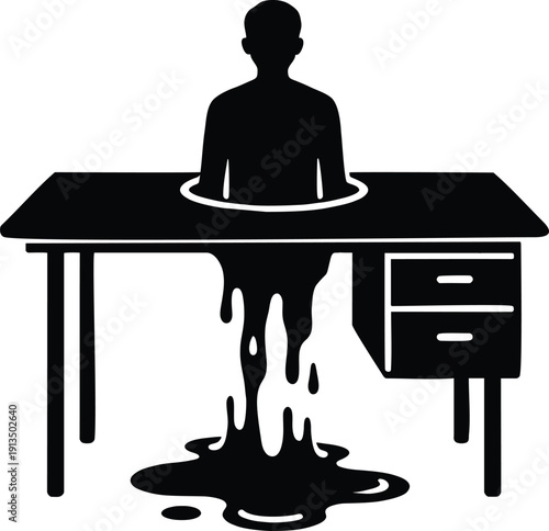 Surreal vector of a person melting through their office desk. A conceptual illustration symbolizing burnout, feeling stuck, and the loss of self in a toxic work environment or corporate job