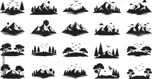 Black Silhouette Icons of Nature Landscapes and Mountains Series