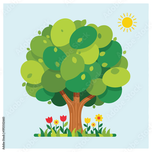 A cartoon tree with green leaves, flowers, and sun in a blue frame
