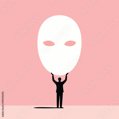 Vector silhouette of a small person holding a large blank mask. A surreal concept of corporate persona, anonymity, hiding one's true self, and the overwhelming pressure to conform at work