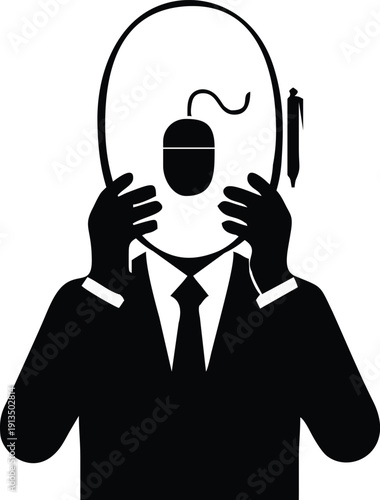 Conceptual art of a faceless businessman with a computer mouse in a void for a head. A surreal illustration of losing identity and being controlled by technology at work