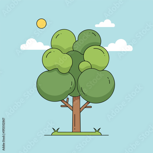 A cartoon tree with green leaves, sun, and clouds on blue background