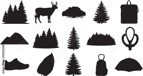 Black silhouettes of nature and hiking elements on white