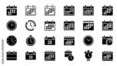 Collection of calendar and clock icons in various styles and layouts for design projects.