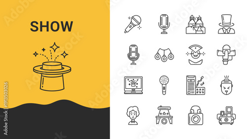 Collection of magic themed icons and illustration elements in yellow and white.