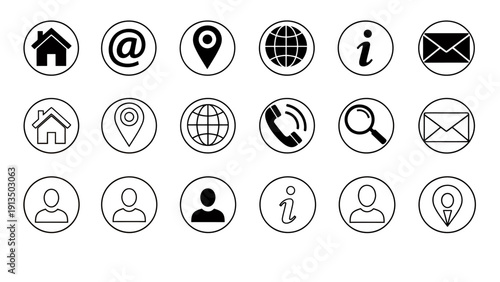 Collection of circular line icons for contact and navigation featuring people, envelopes, and location markers.