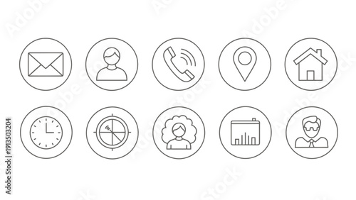 Set of round line icons representing communication, location, time, and user concepts for UI design and graphic resources.