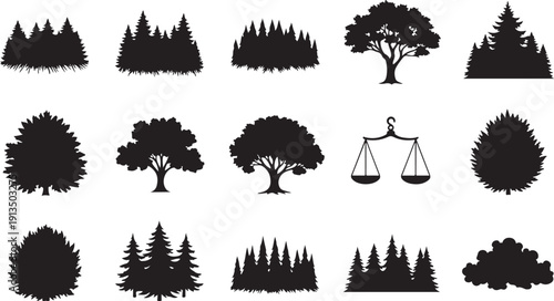 Black silhouettes of trees and scales on white background