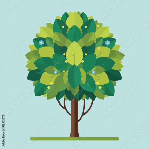 A cartoon tree with layers of green leaves, sky blue background