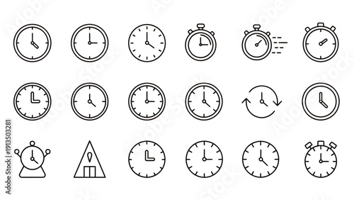 Set of Clock Icons Showing Different Times for UI Design and Infographics.