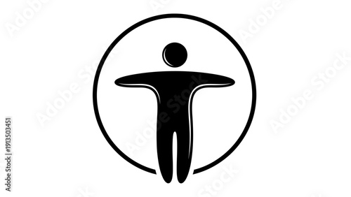 Minimal black human silhouette inside a circular outline icon with arms outstretched and balanced stance.