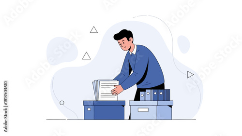 Man Organizing Files Paperwork in Boxes - Business Administration Concept