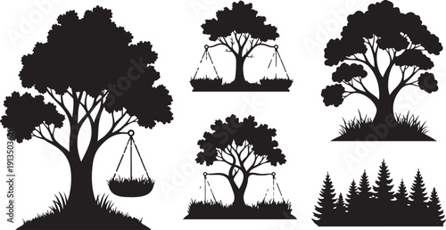 Tree Silhouettes with Swings and Forest Landscape Icons Set