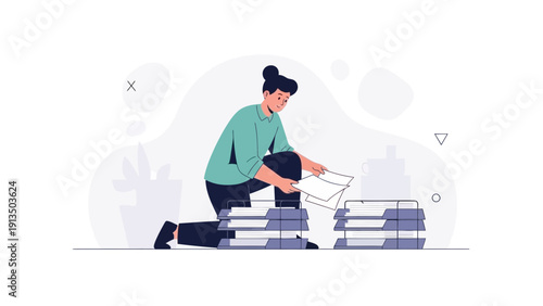Woman Organizing Paperwork in Office Trays - Business Workflow Concept