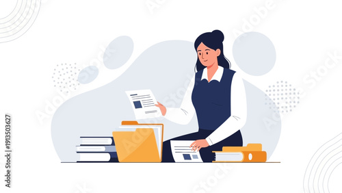 Businesswoman reviewing documents and files, organized workspace concept