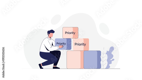 Man Stacking Priority Blocks for Task Management and Organization