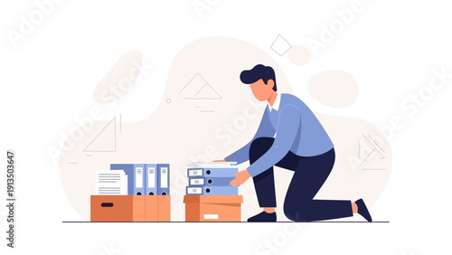 Man Organizing Paperwork and Files in Office