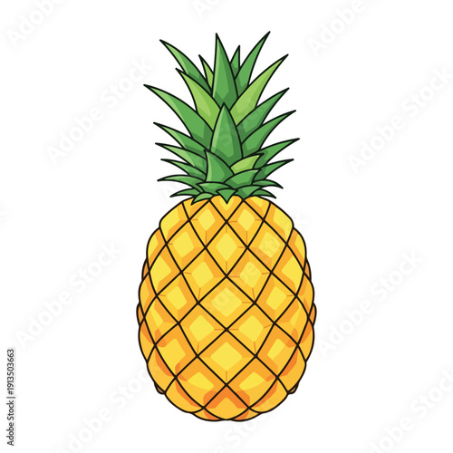 A cartoon depiction of a yellow pineapple with green leaves