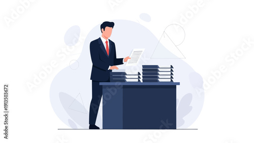 Businessman Organizing Paperwork on Desk, Business Management Concept