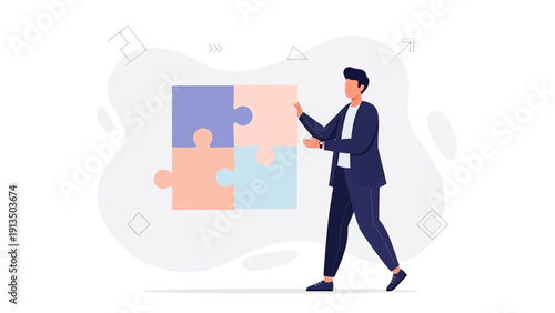 Businessman assembling puzzle pieces, teamwork, problem solving, strategy concept